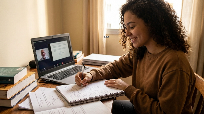 Uma jovem de cabelos cacheados e blusa marrom está sentada em uma mesa de madeira, sorrindo enquanto escreve em um caderno. Ao fundo, um laptop exibe uma videochamada e há livros empilhados à esquerda.
