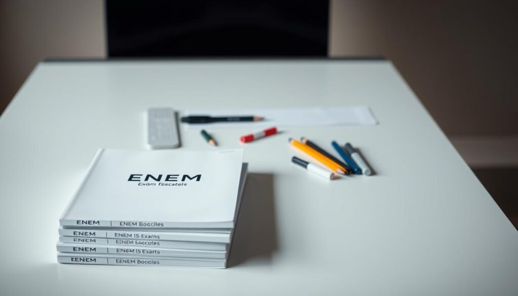 mesa com cadernos de prova Enem - Exame Nacional do Ensino Médio empinhados, lapís, caneta e borracha.