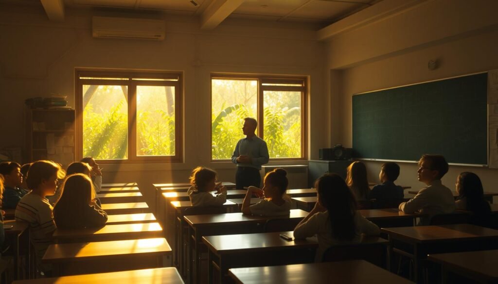 O impacto do calor nas aulas - Sala de aula do ensino fundamental cheia, com os alunos estudando estressados e com baixo rendimento escolar por causa do excesso de calor