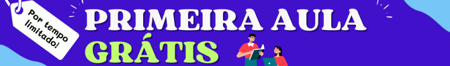 Banner com texto "primeira aula grátis" se referindo a aulas particulares online